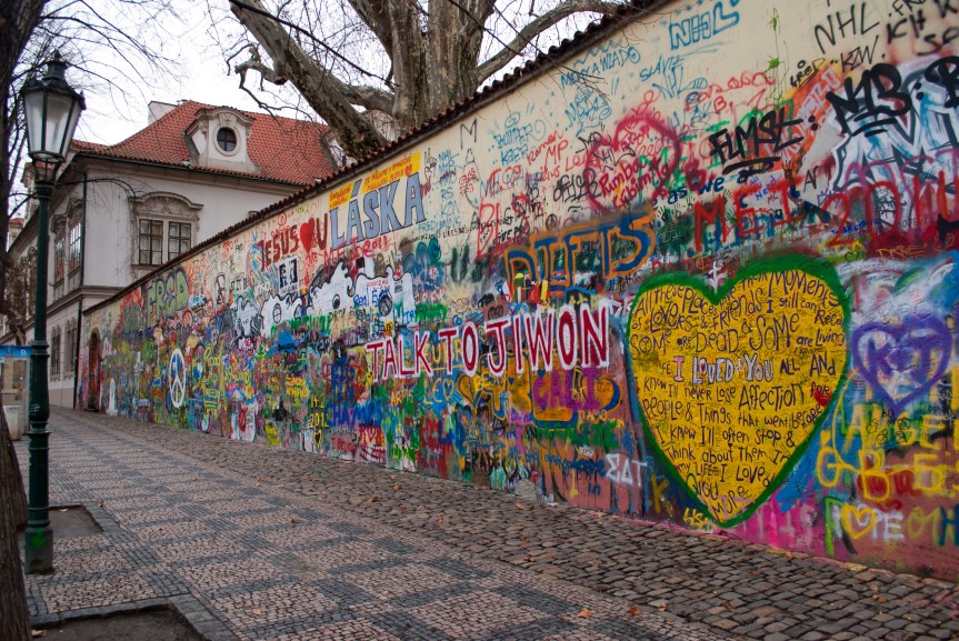John Lennon Wall, Prague: First Soviet officials, and later Knights of Malta, painted over the wall. It would reappear within days. 